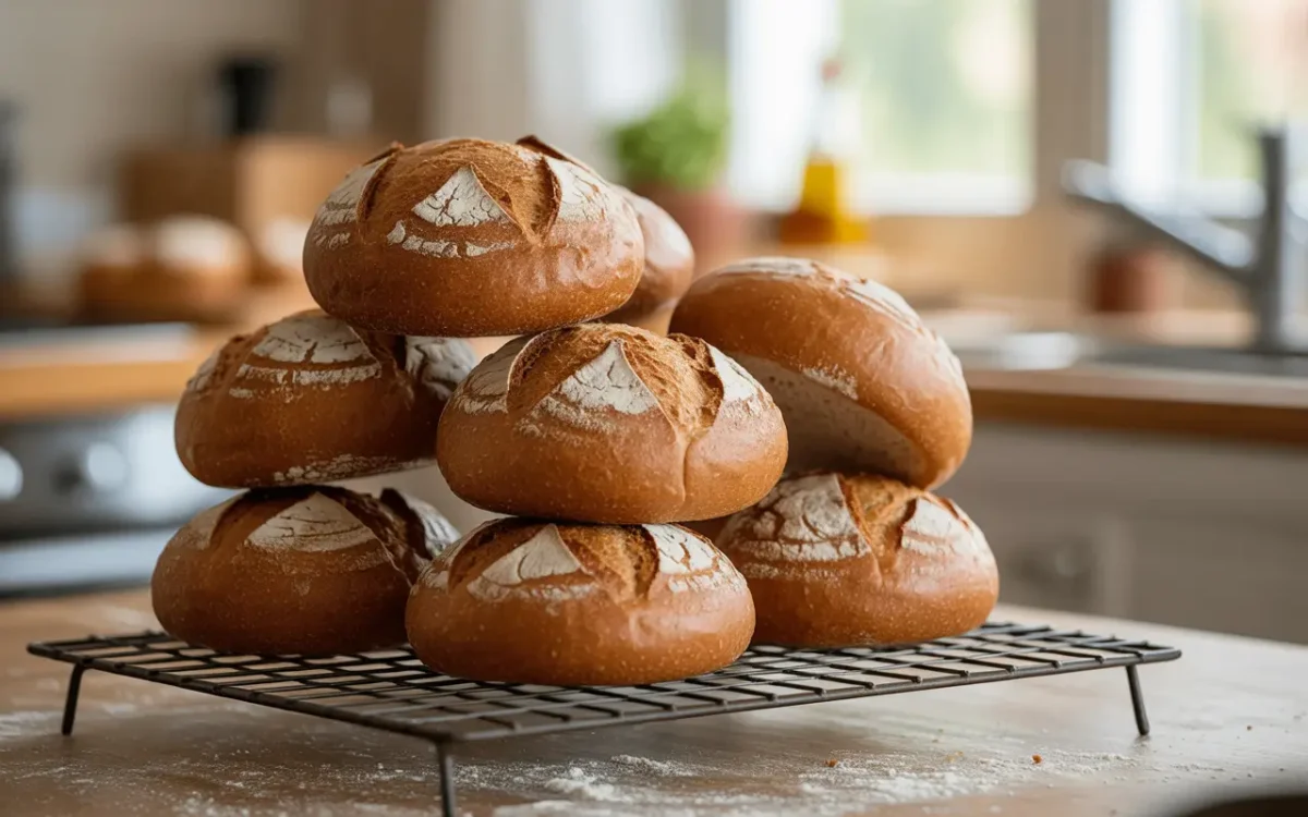 Sourdough burger buns on a cooling rack