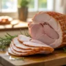 Sliced turkey ham on cutting board