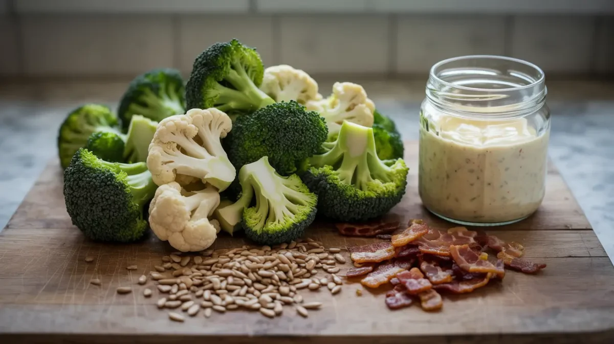 Raw chopped broccoli and cauliflower on cutting board