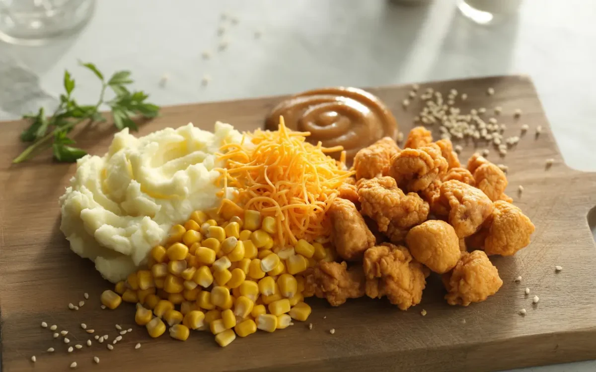  Ingredients for a homemade KFC bowl laid out
