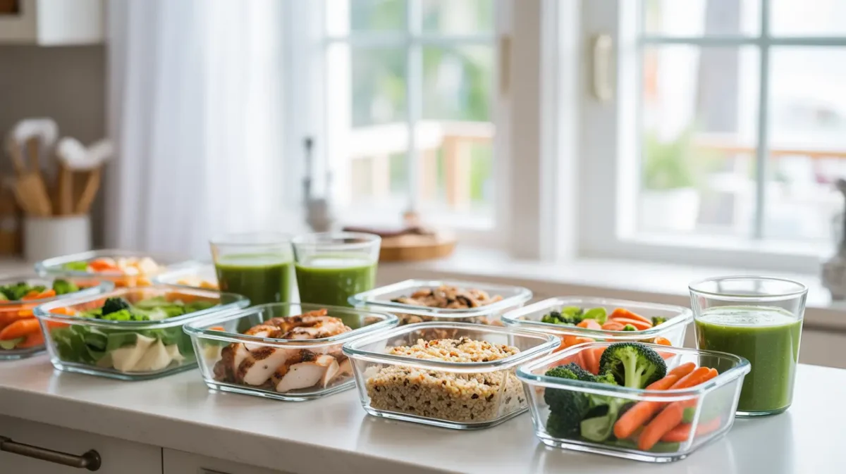 Meal prep & batch cooking containers neatly organized in a bright kitchen