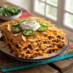 Mexican lasagna casserole with cheese & beef
