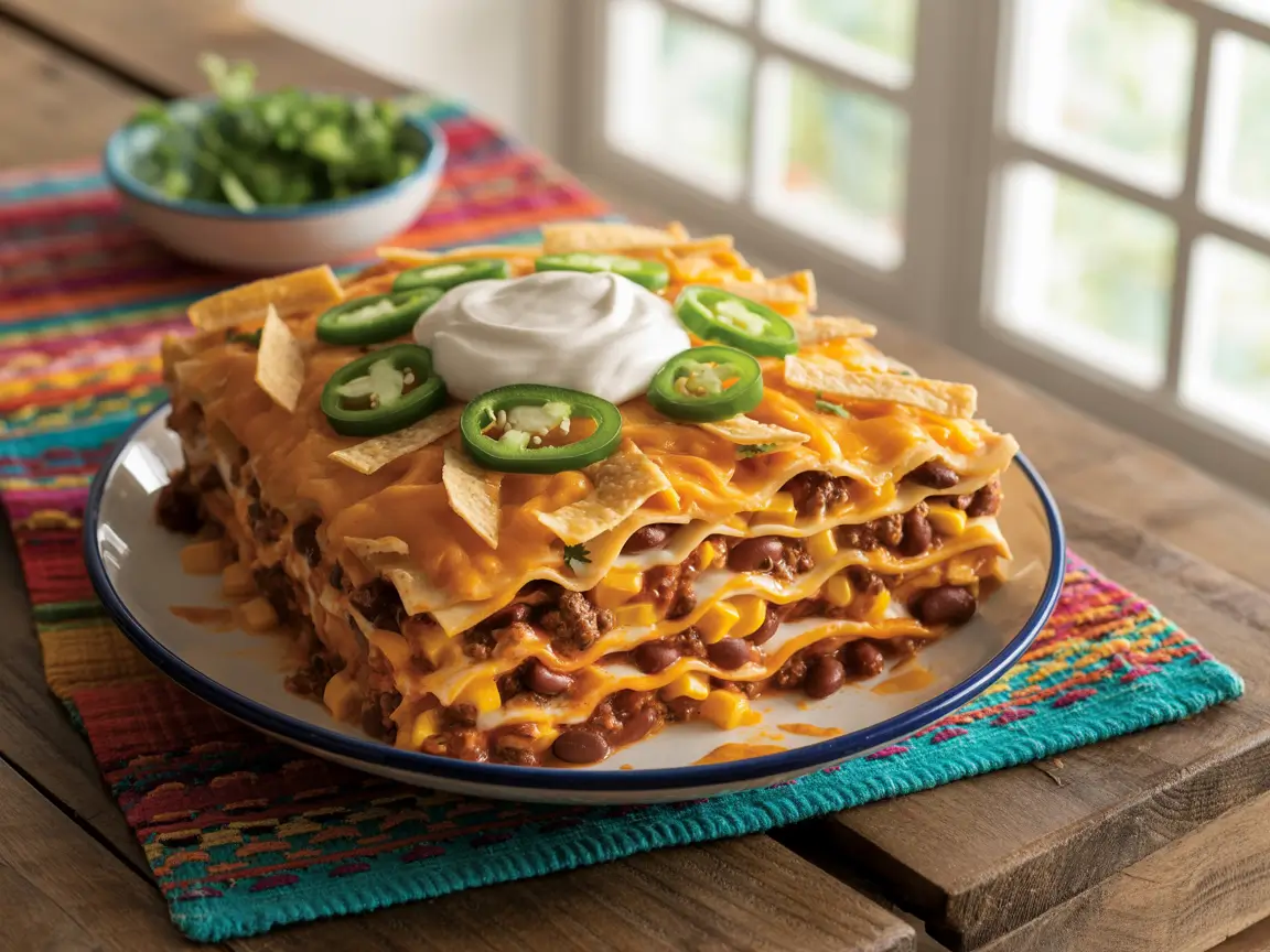 Mexican lasagna casserole with cheese & beef