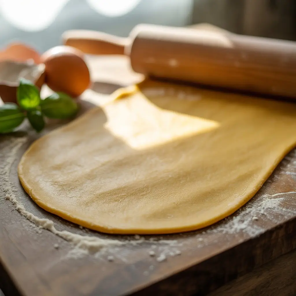 homemade pasta dough rolled thin on board