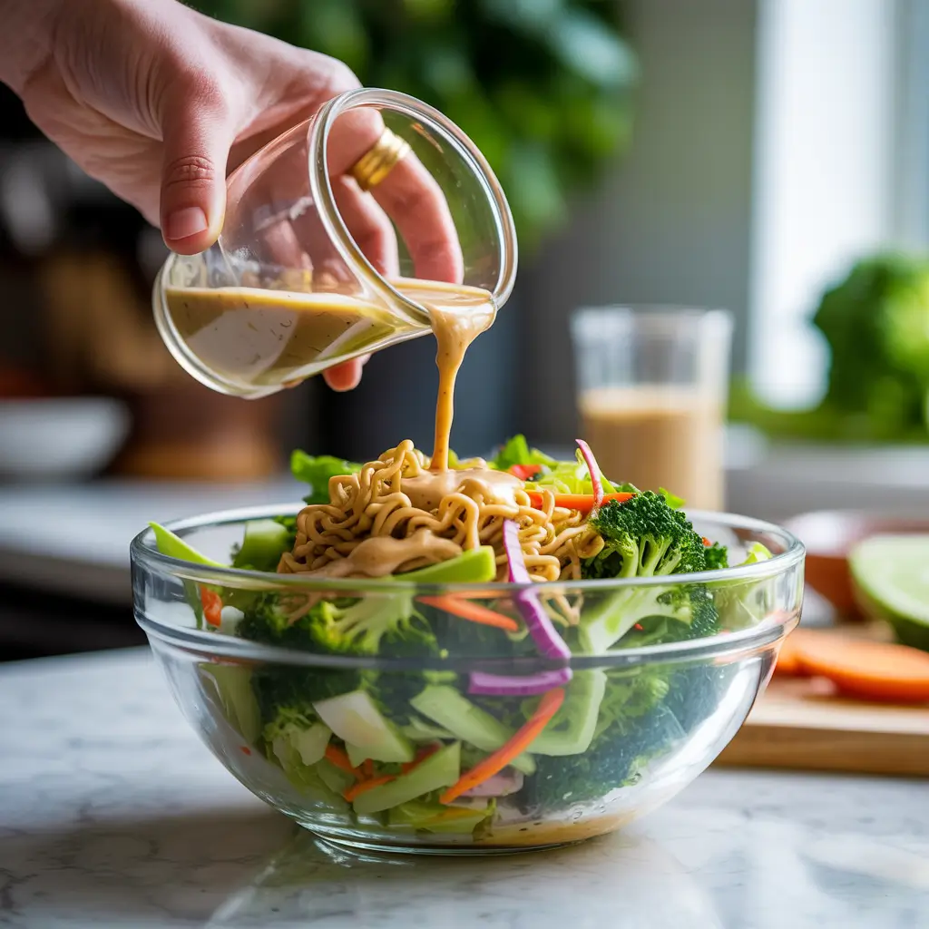 Preparing ramen slaw broccoli step-by-step