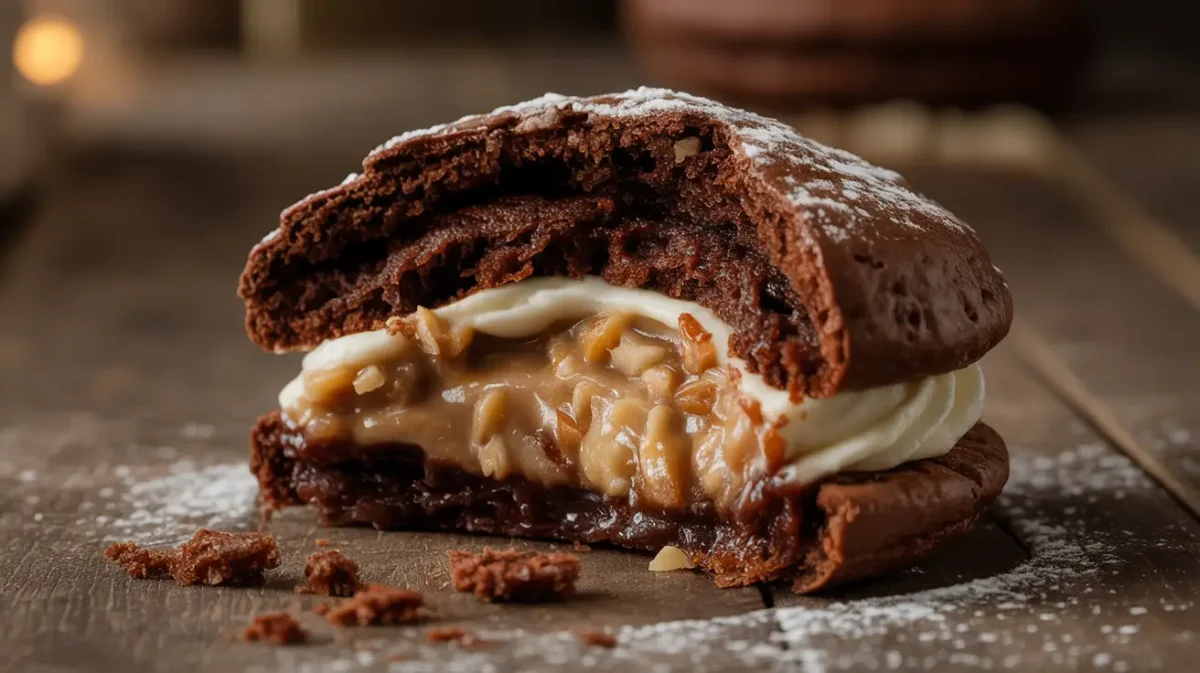 Close-up of halved German chocolate whoopie pie
