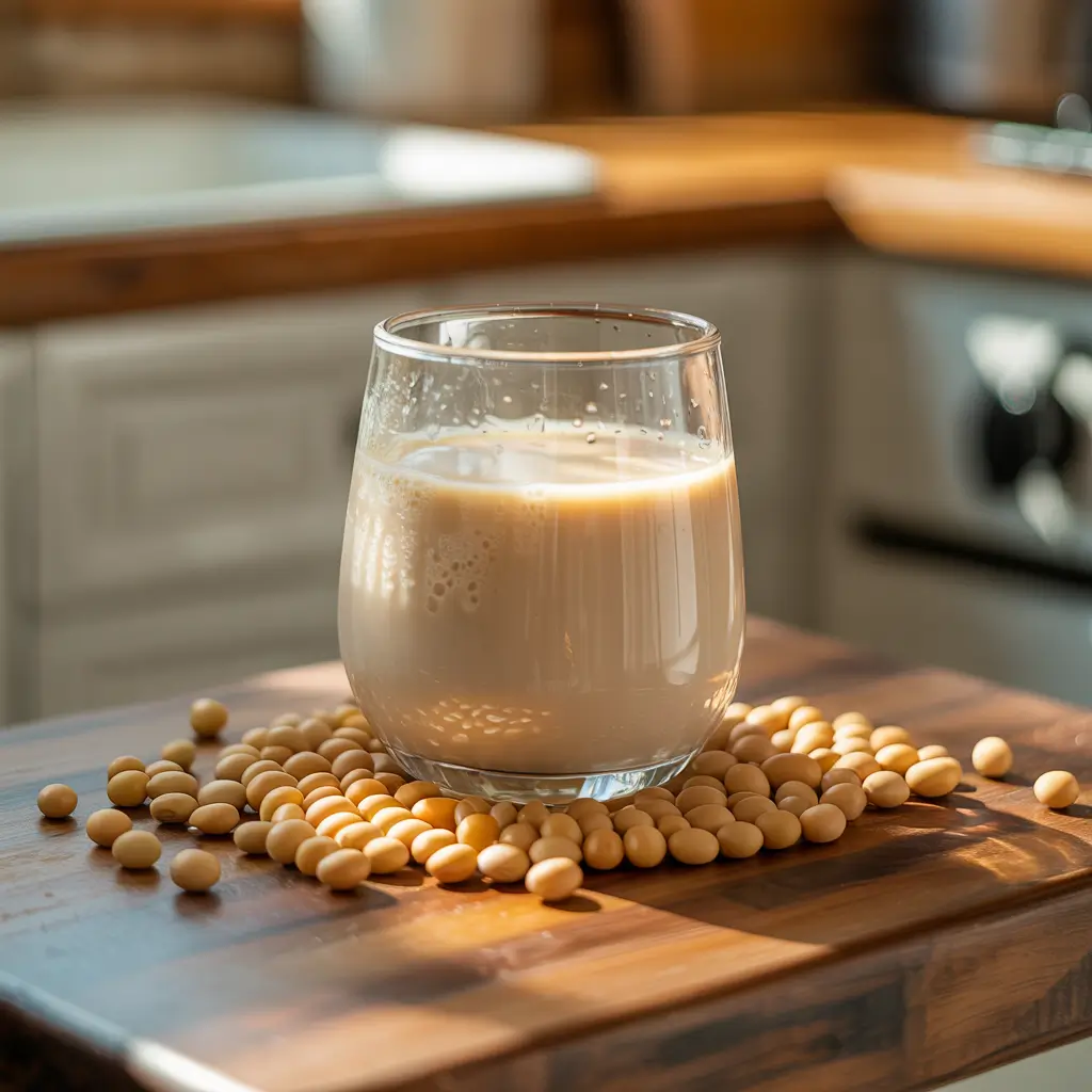 Glass of Labubu soy milk with soybeans