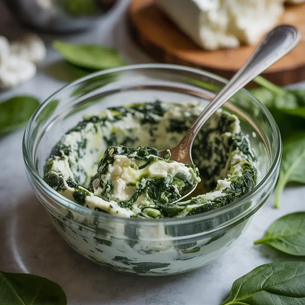 creamy ricotta and spinach filling in glass bowl