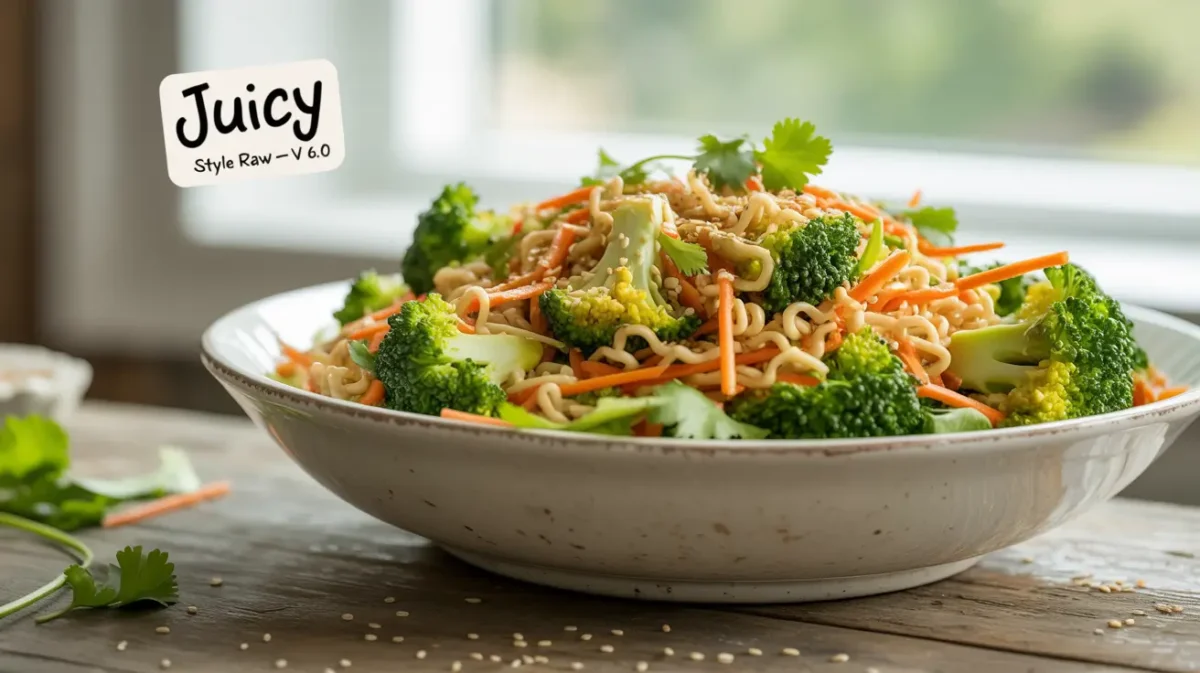 Fresh ramen slaw broccoli salad close-up