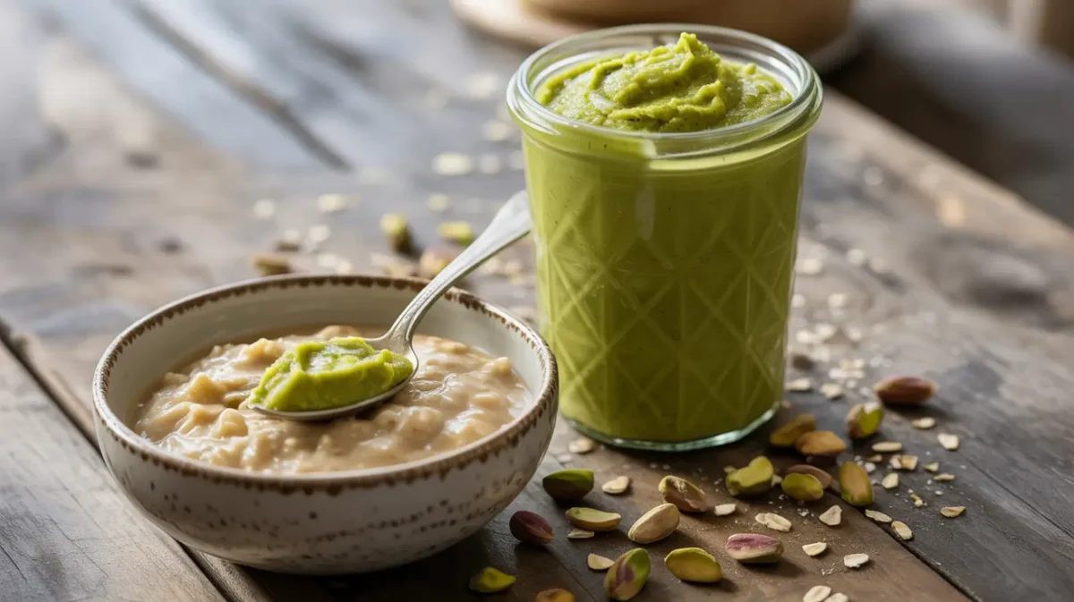 Pistachio butter in a jar next to oats