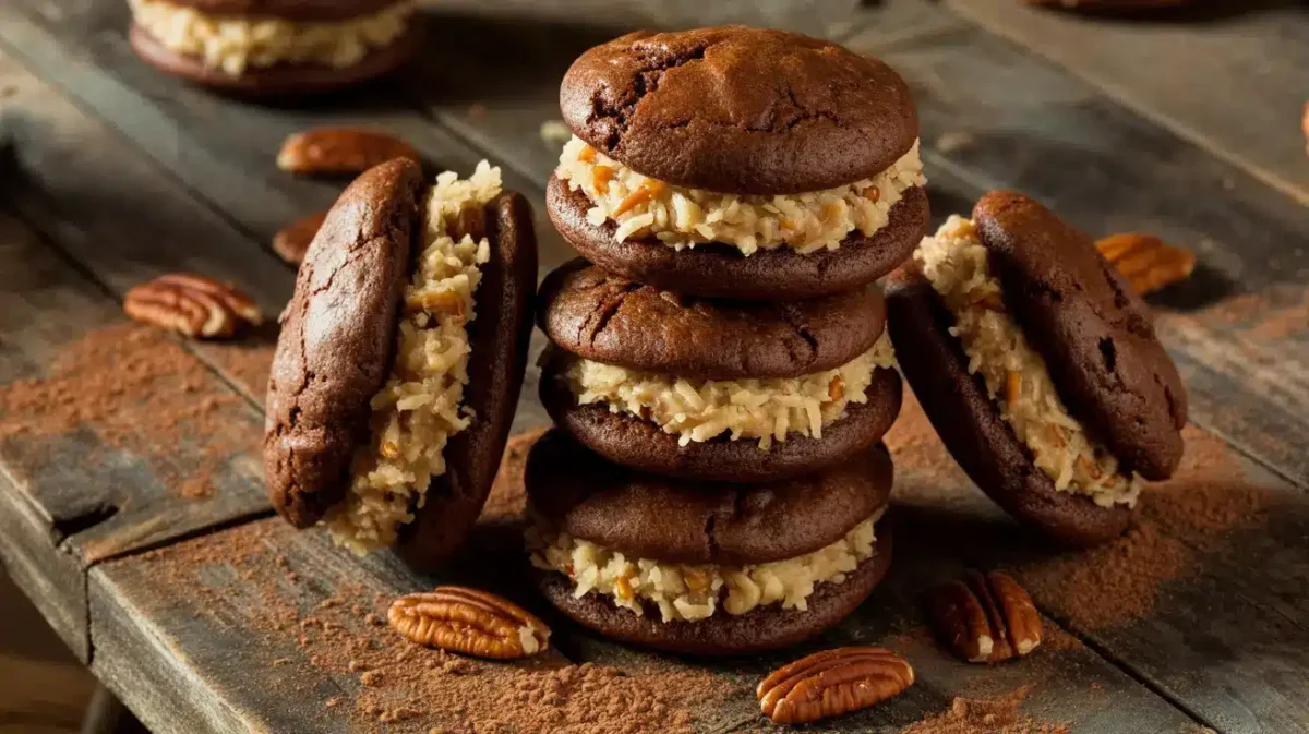 Stack of German chocolate whoopie pies with coconut-pecan filling