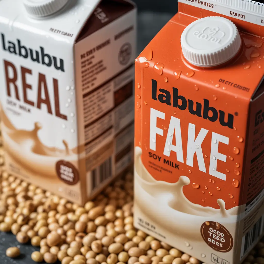 Real vs fake Labubu soy milk packaging comparison