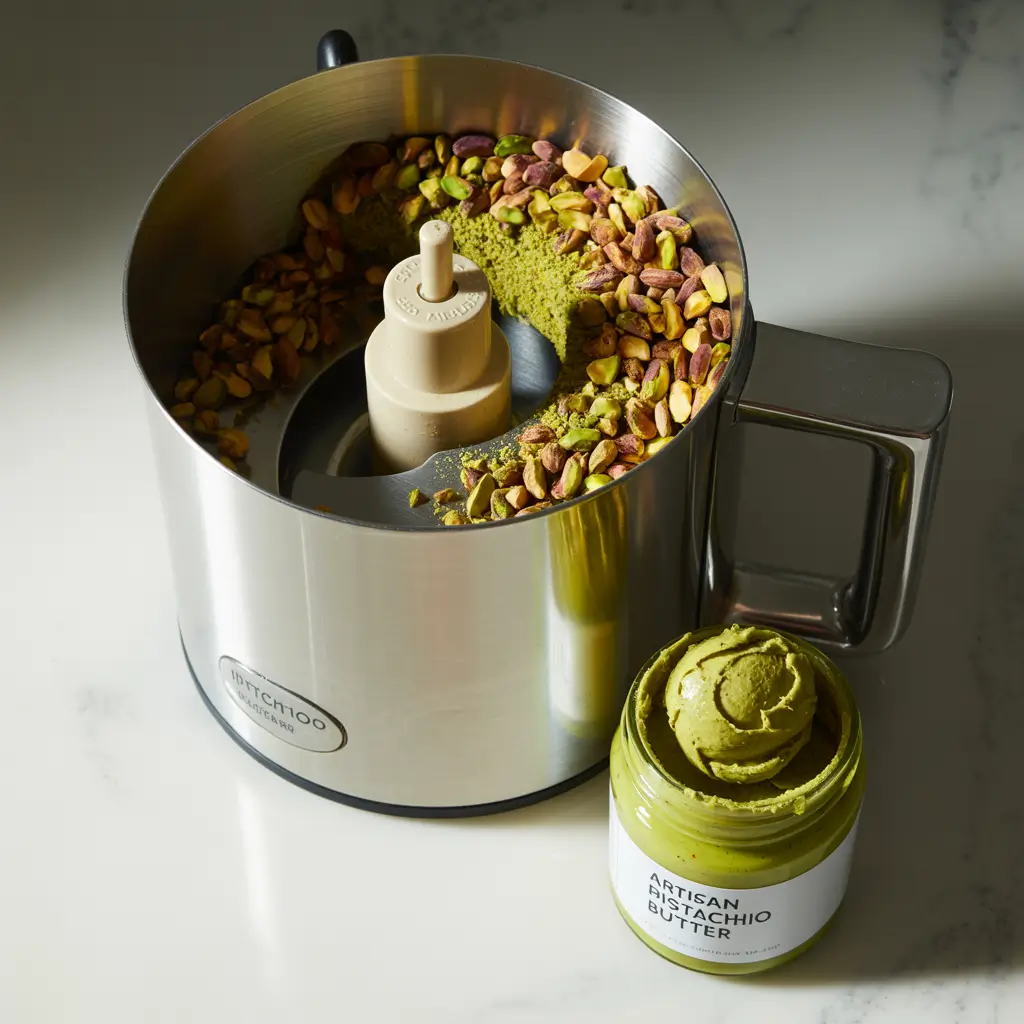 Making pistachio butter in a food processor