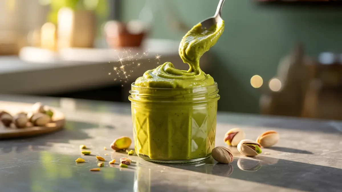 Pistachio butter jar with creamy spread