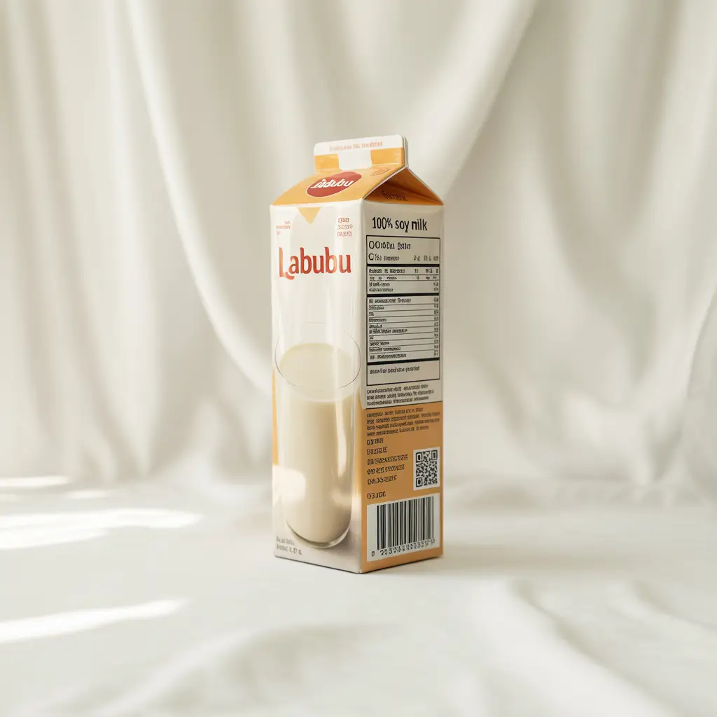 Real authentic Labubu soy milk carton with QR code