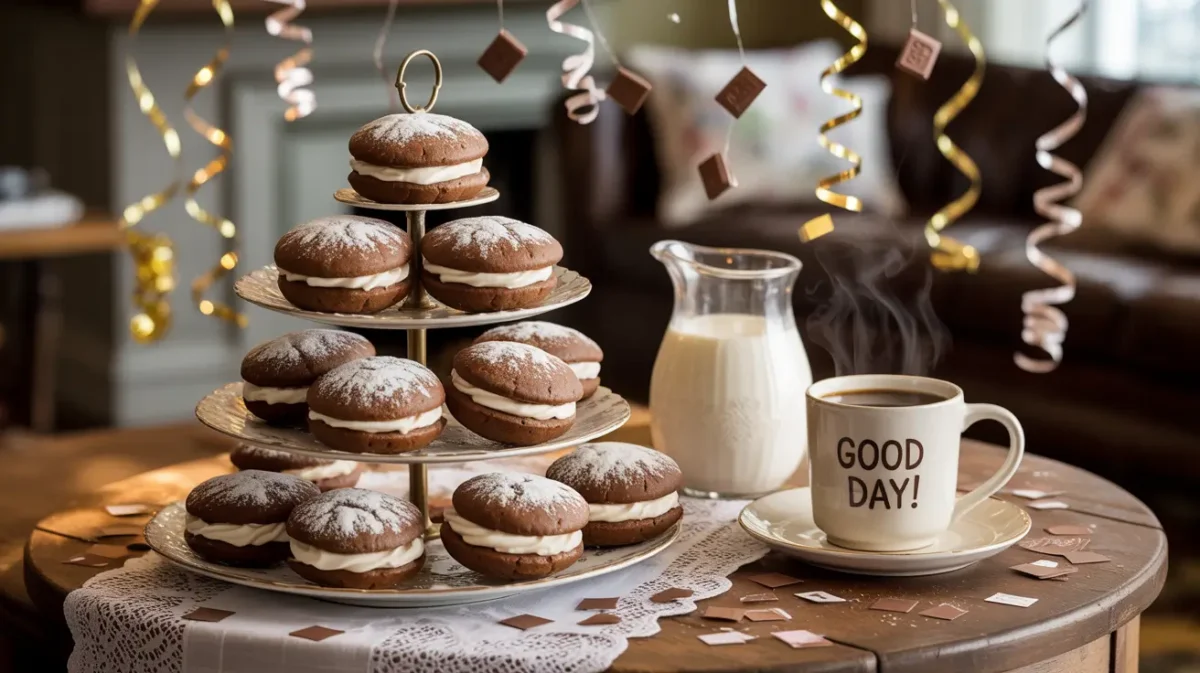 German chocolate whoopie pies served with coffee on a decorated table