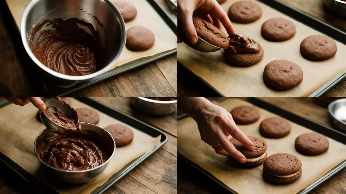 Step-by-step baking process for German chocolate whoopie pies