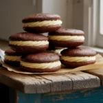 Classic whoopie pies in Maine stacked on a rustic table
