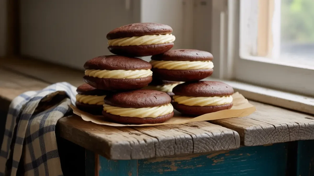 Classic whoopie pies in Maine stacked on a rustic table