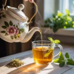 pouring lemon balm tea with dried herbs beside cup