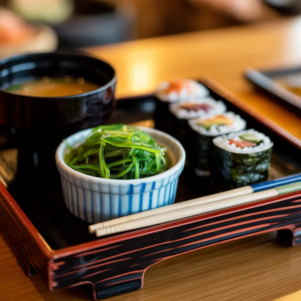 wakame seaweed salad served with sushi and soup