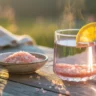 Japanese pink salt detox drink with lemon on rustic table
