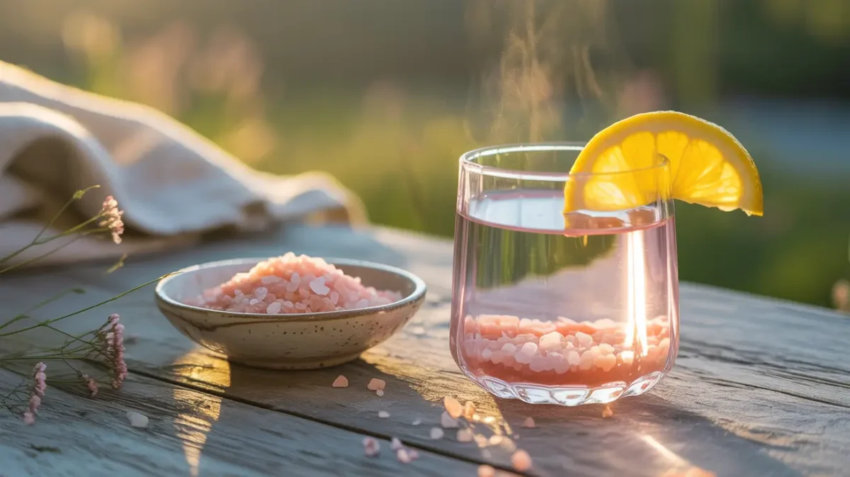 Japanese pink salt detox drink with lemon on rustic table