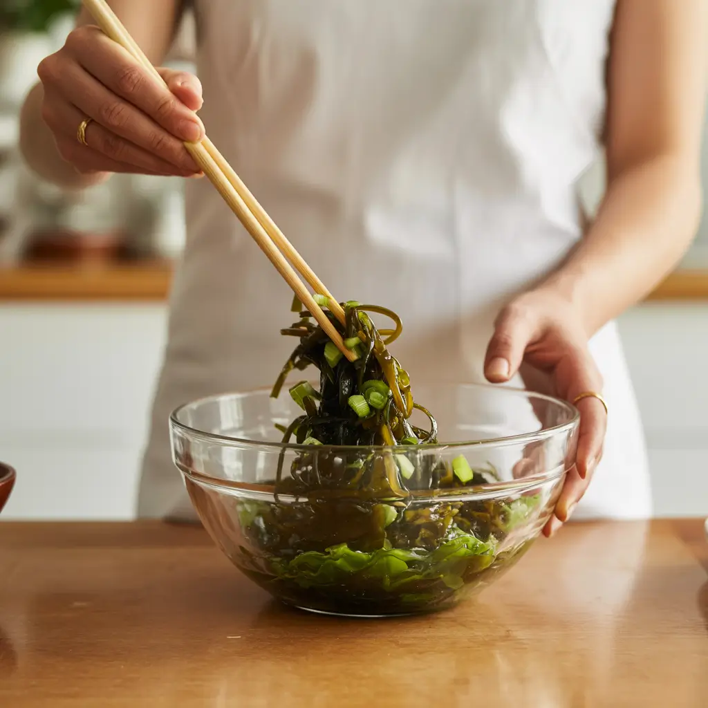 mixing wakame seaweed salad with dressing