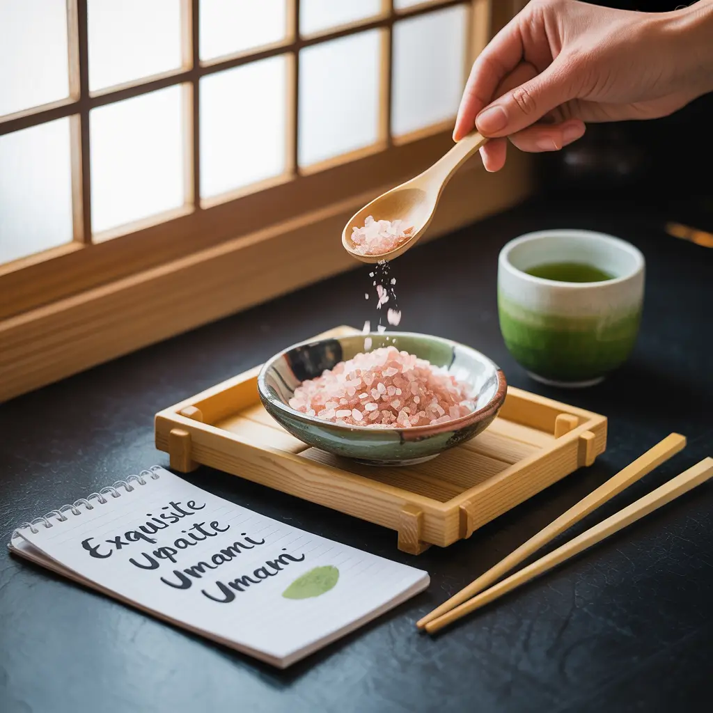 Japanese pink salt recipe review with tasting notes, sushi, and a cup of green tea in a Japanese kitchen setting
