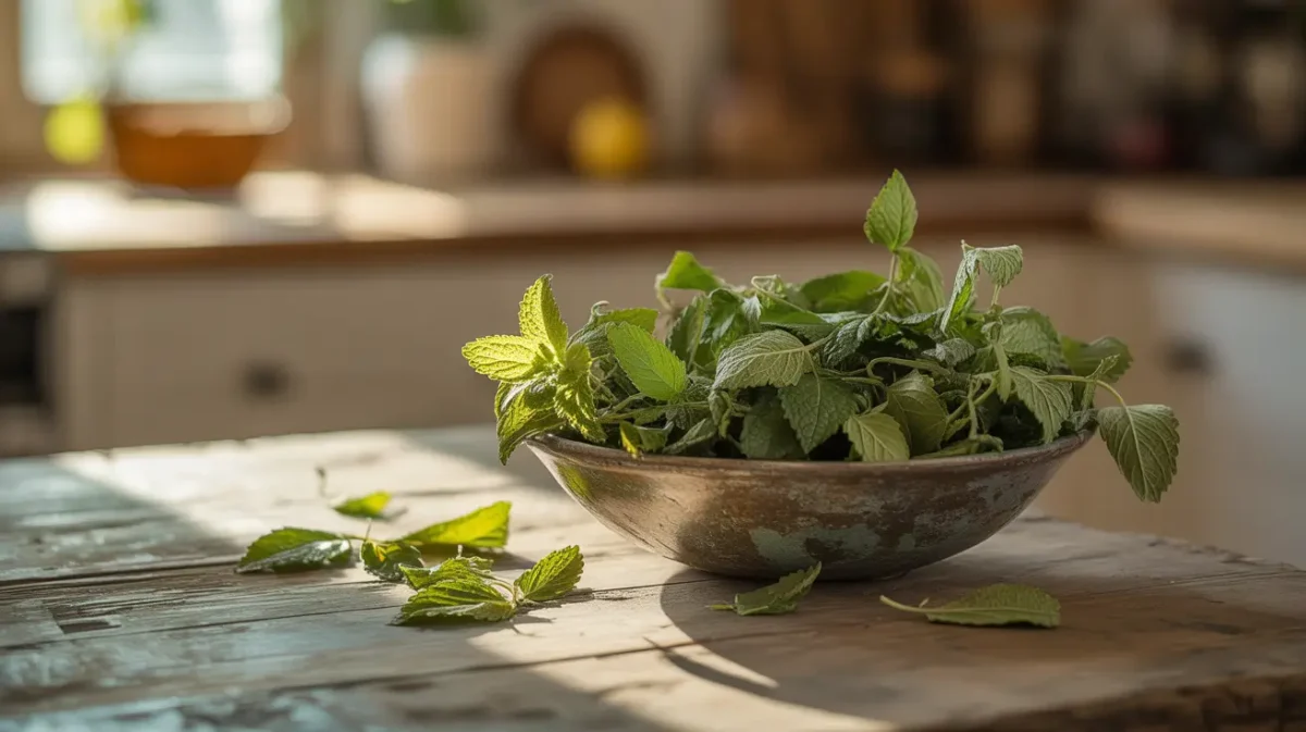 lemon balm dried herb in bowl on wooden table