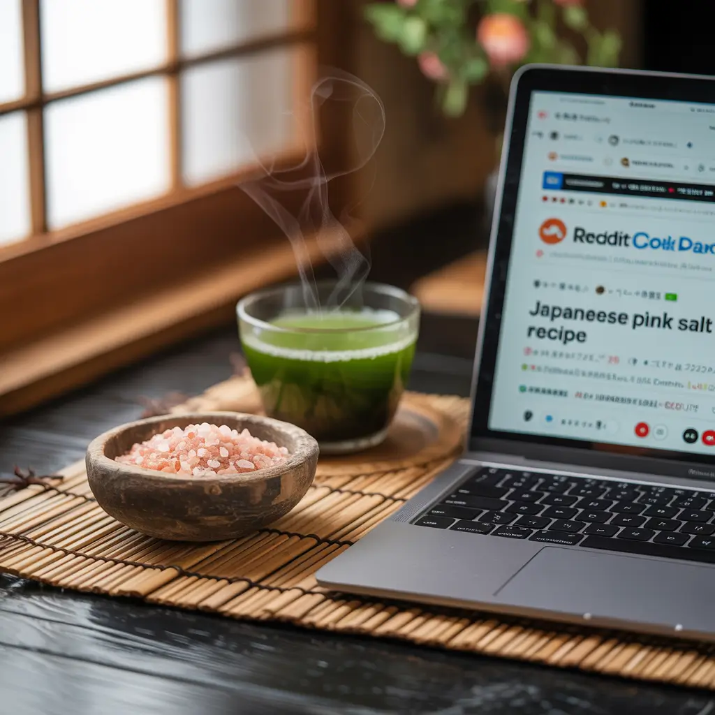 Japanese pink salt recipe on Reddit with a bowl of pink salt, matcha tea, and laptop in a Japanese kitchen
