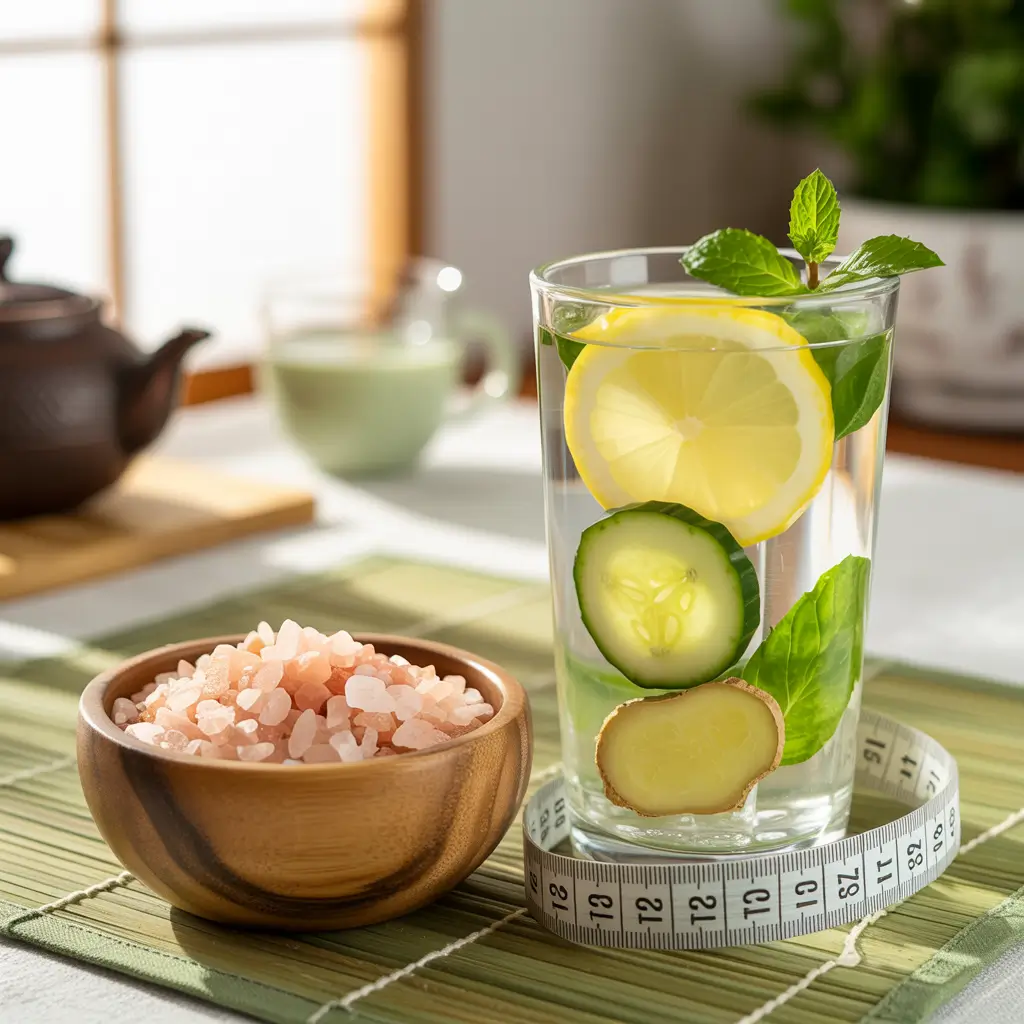 Japanese pink salt recipe to lose weight with detox water, lemon, cucumber, and mint leaves in a Japanese setting
