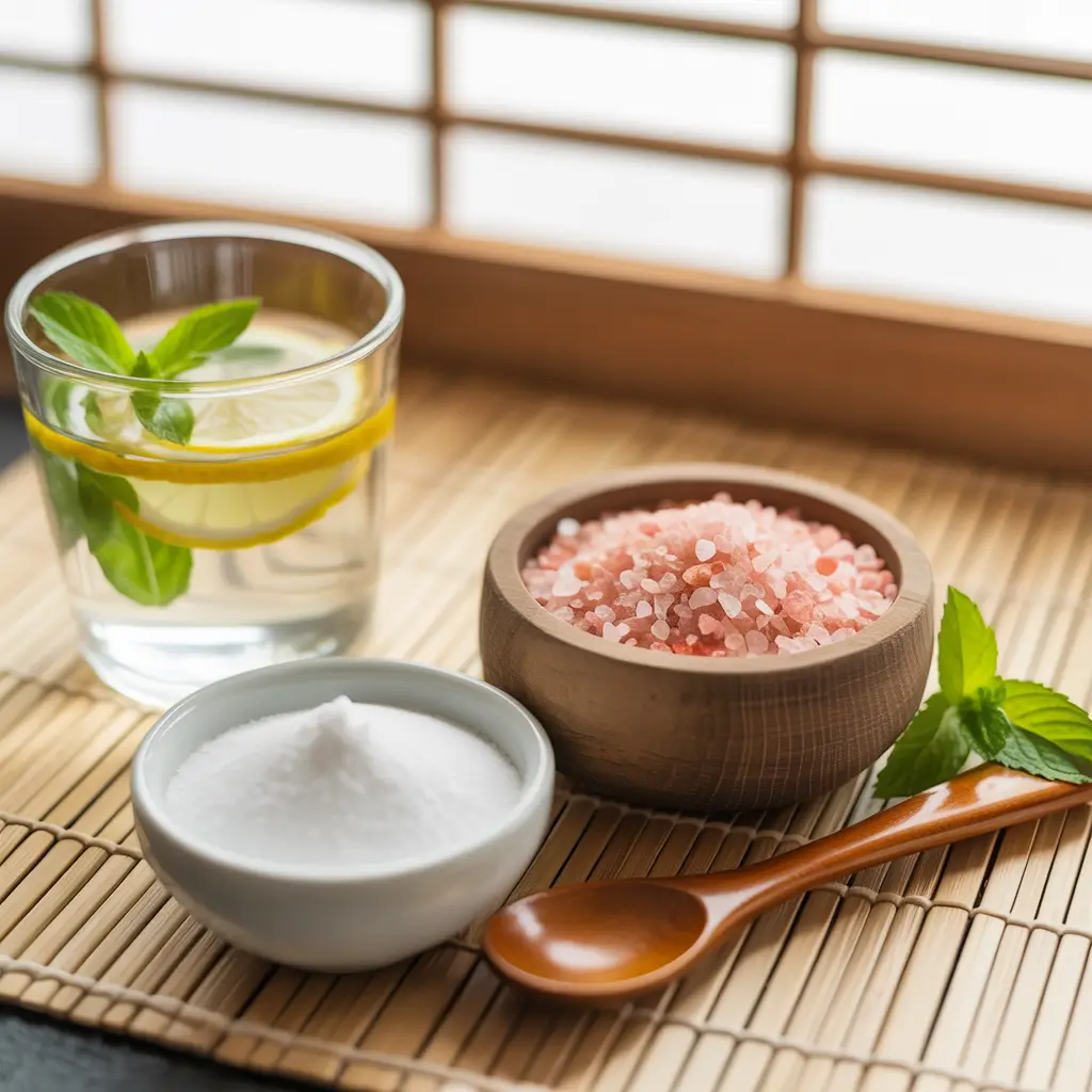 Japanese pink salt recipe with baking soda, lemon water, and mint leaves in a Japanese kitchen setting
