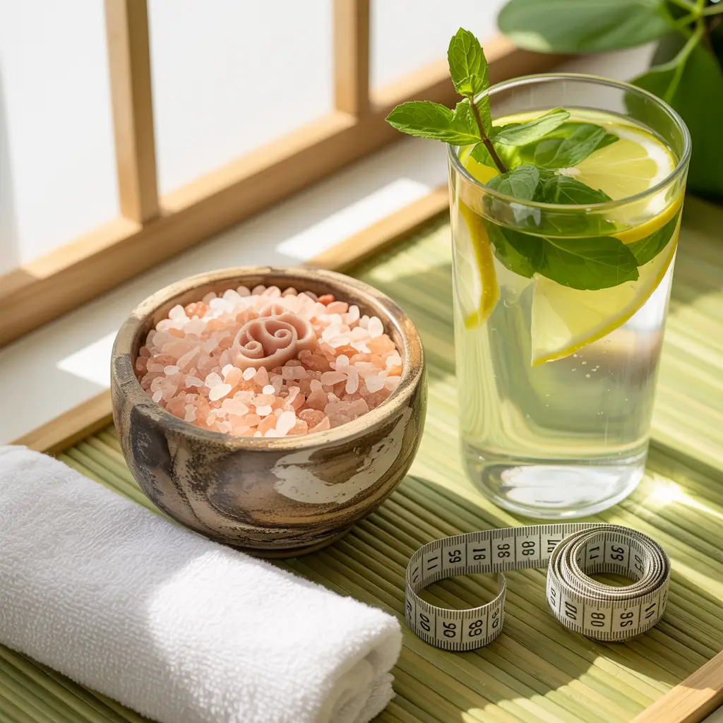 Japanese pink salt recipe weight loss with detox water, lemon slices, mint leaves, and a measuring tape in a Japanese setting
