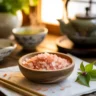 Japanese pink salt recipe presented in a rustic wooden bowl with Japanese tea set in soft sunlight