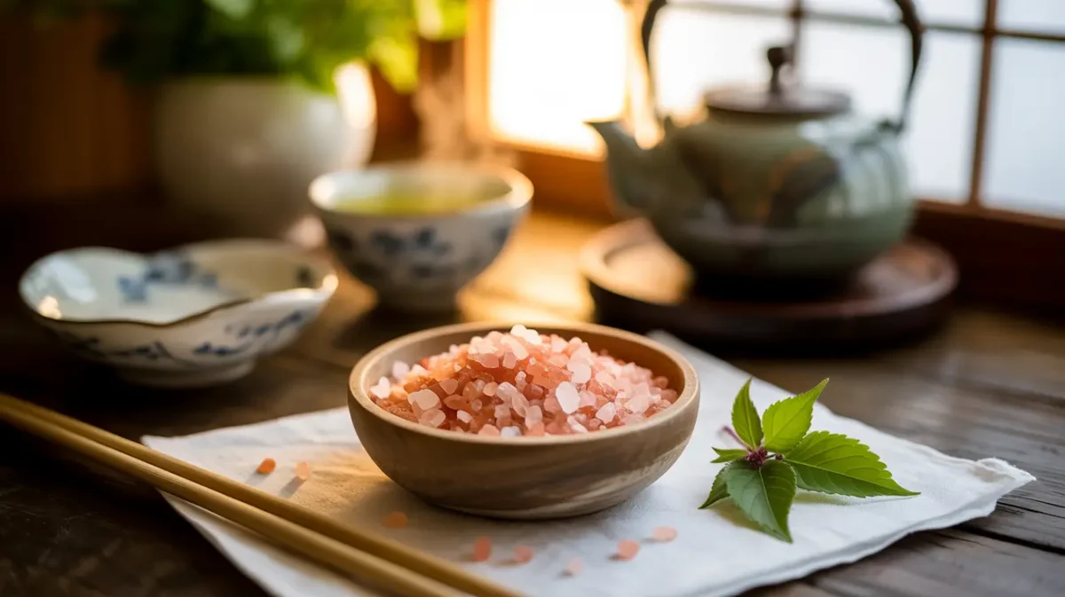 Japanese pink salt recipe presented in a rustic wooden bowl with Japanese tea set in soft sunlight