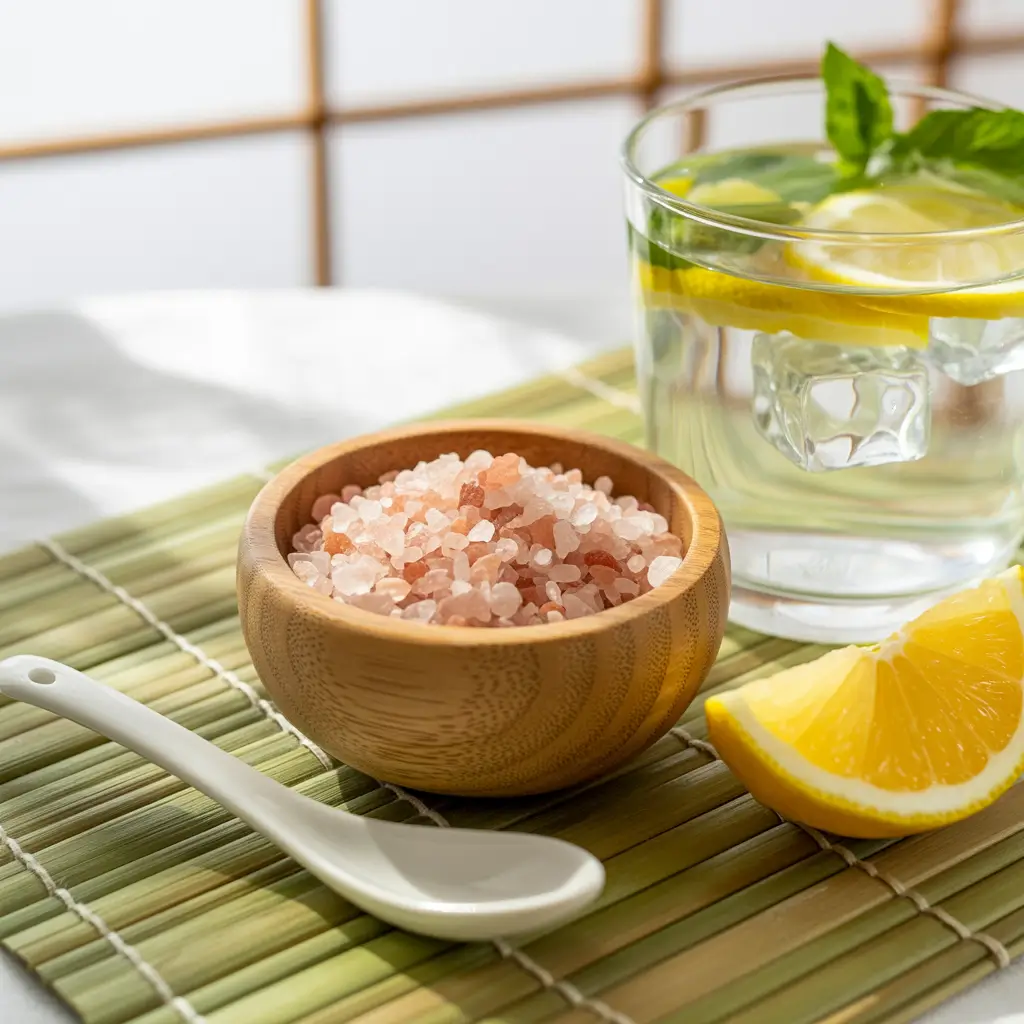 Japanese pink salt recipe for weight loss with detox water, lemon slices, and mint leaves
