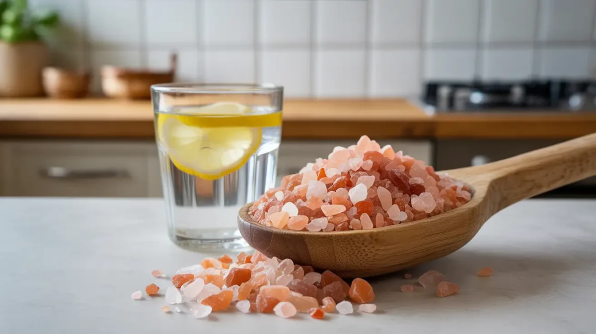 japanese pink salt hack with water and lemon close-up