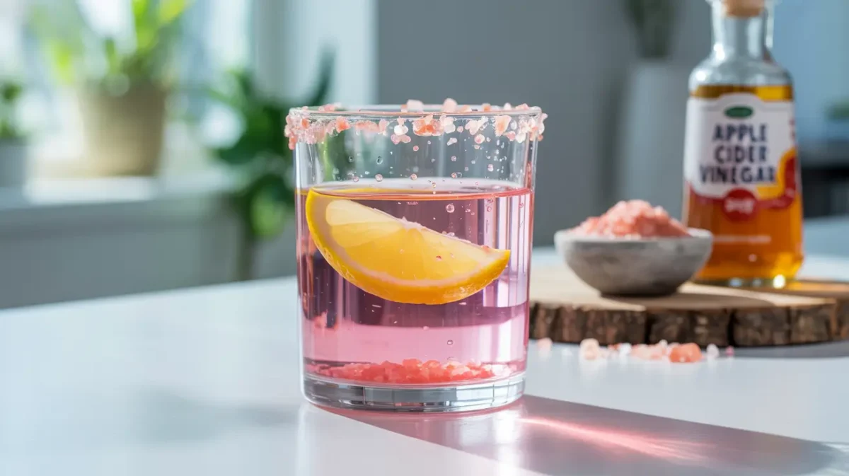 Pink salt diet 4 ingredients drink with lemon slice, Himalayan salt, and apple cider vinegar