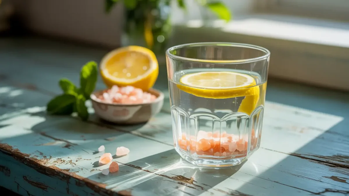 Three ingredient pink salt trick detox drink with lemon and Himalayan salt