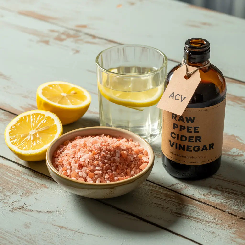 Four main ingredients of the pink salt diet: Himalayan salt, water, lemon, and apple cider vinegar