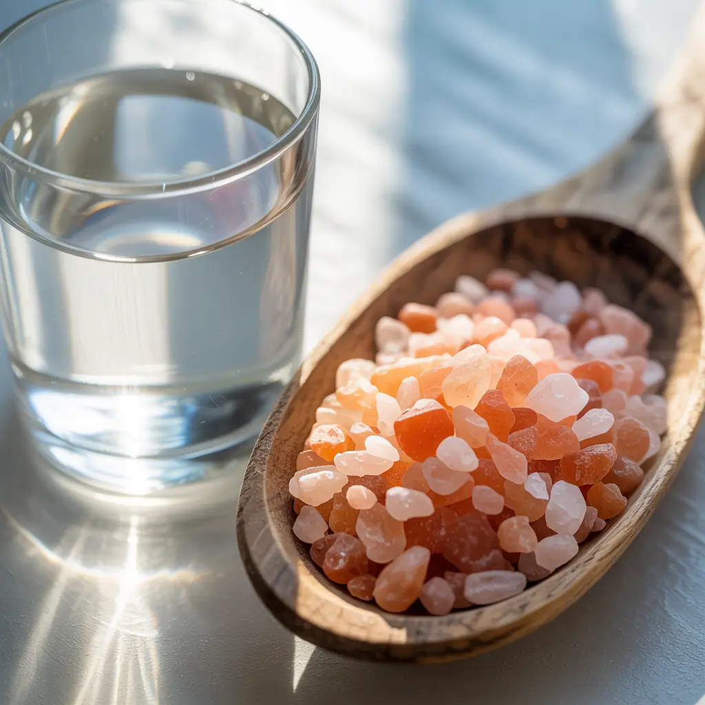 Pink salt diet drink with Himalayan salt in spoon