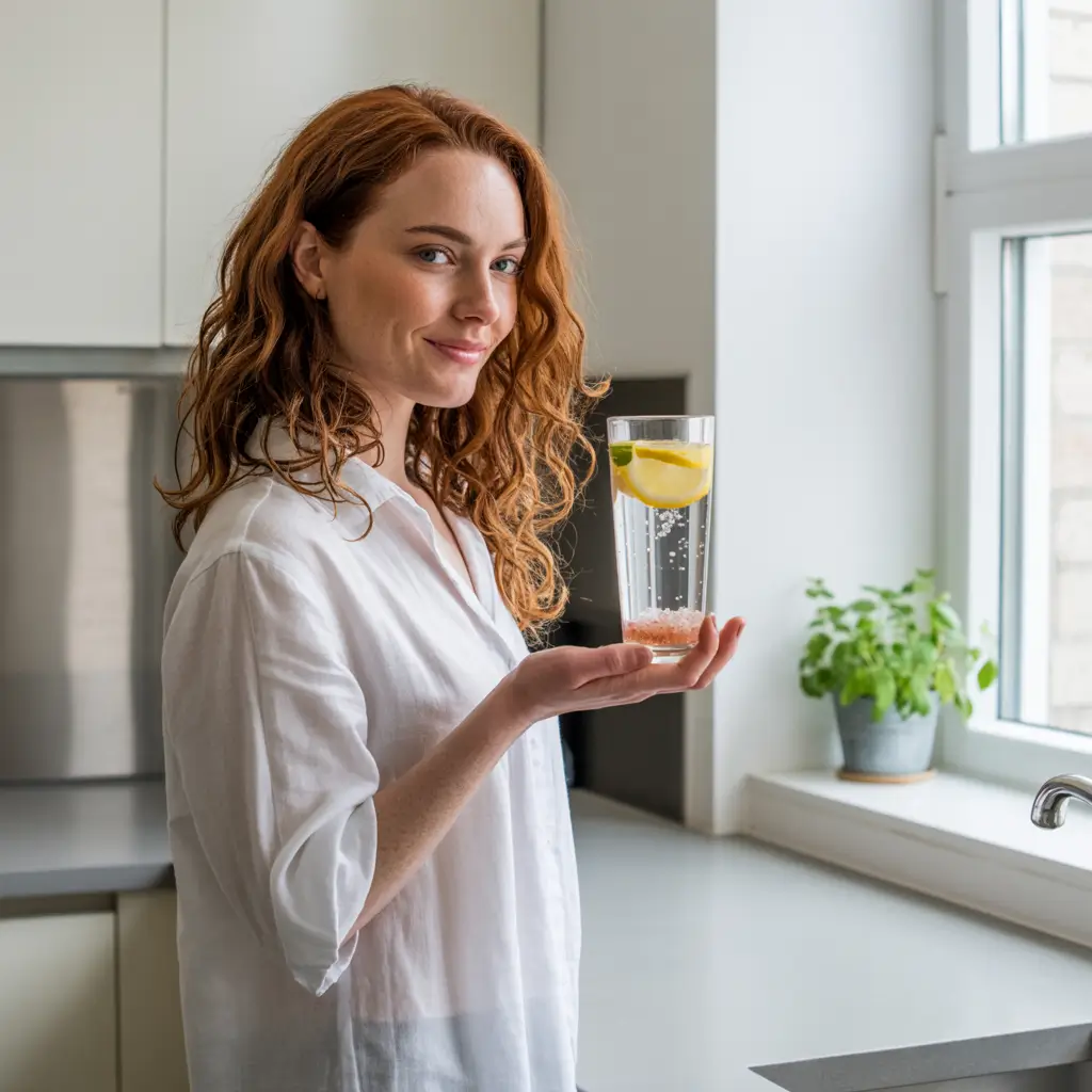 Woman holding Oprah Winfrey pink salt diet detox drink