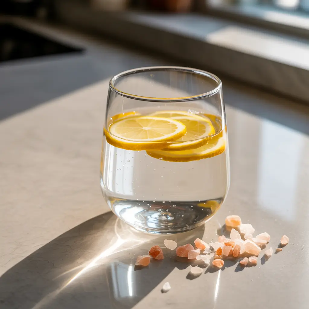 Pink salt trick drink with lemon and Himalayan salt
