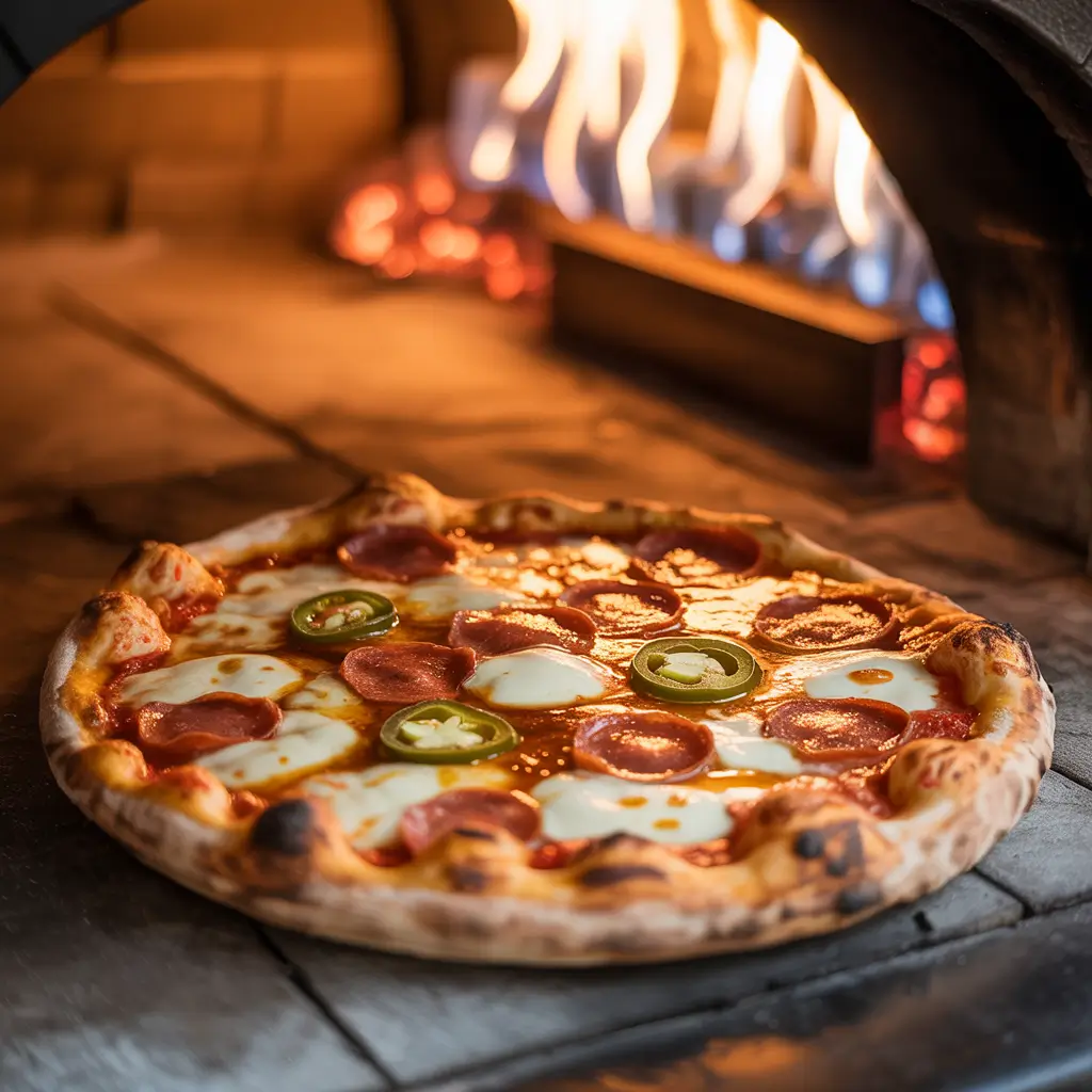 Hot Honey Magnifico Pizza baking with melted cheese and pepperoni cups