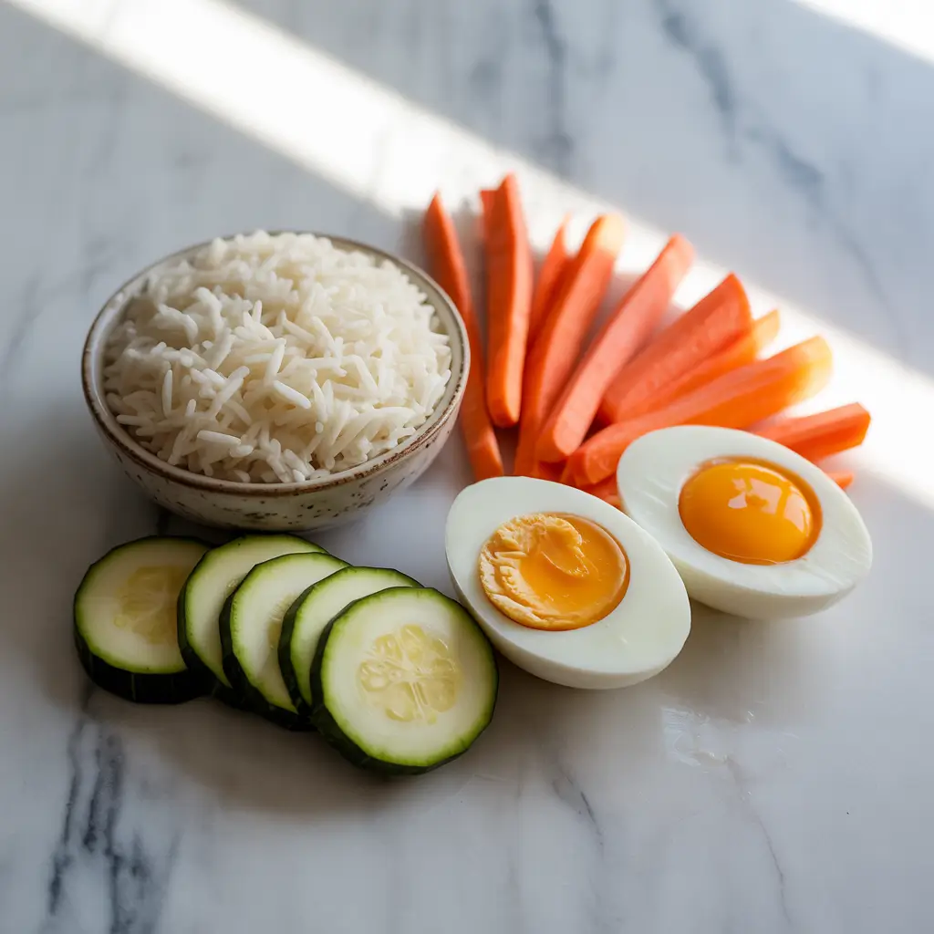 zero FODMAP foods like rice, carrots, eggs, and zucchini