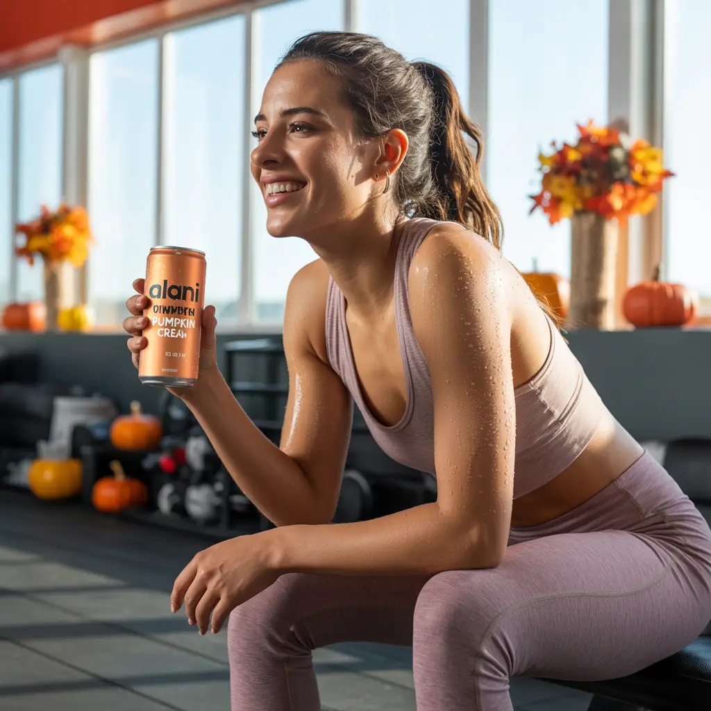 Woman holding Alani Pumpkin Cream after workout in fall gym setting