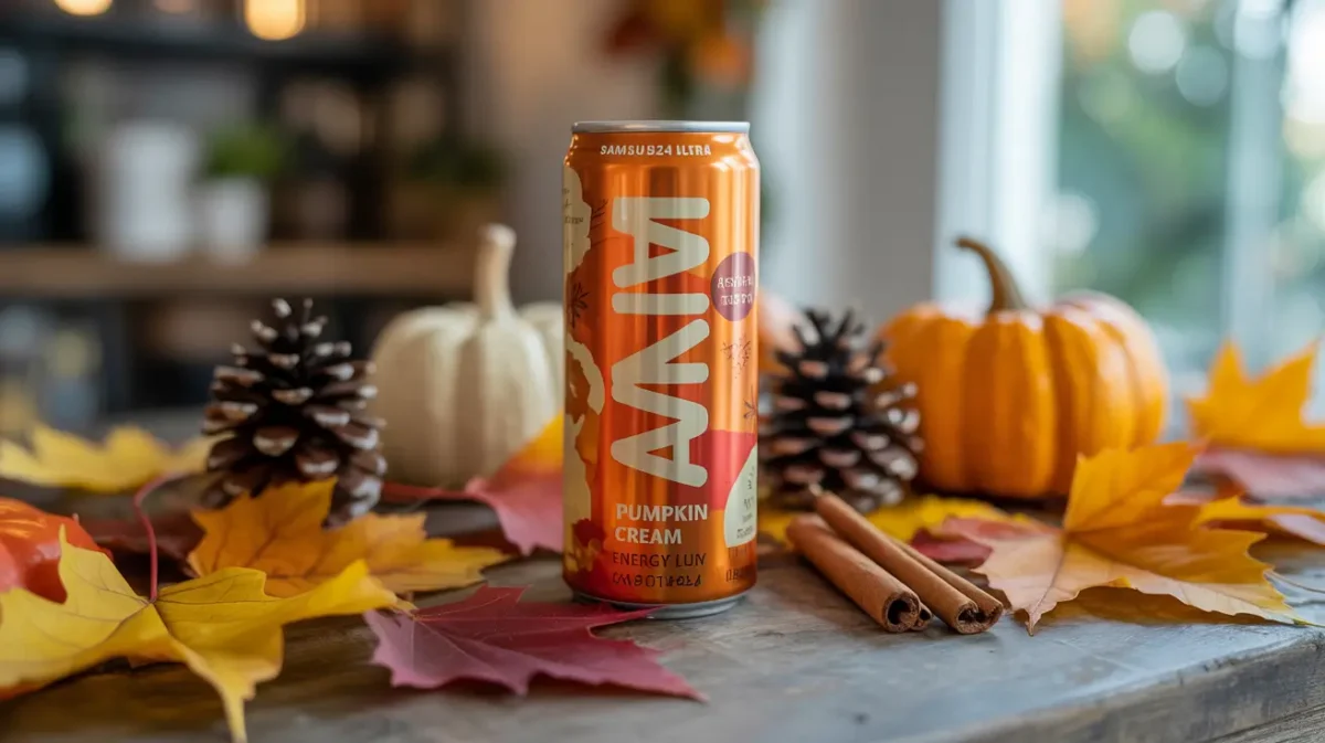 Alani Pumpkin Cream energy drink with fall leaves on wooden table