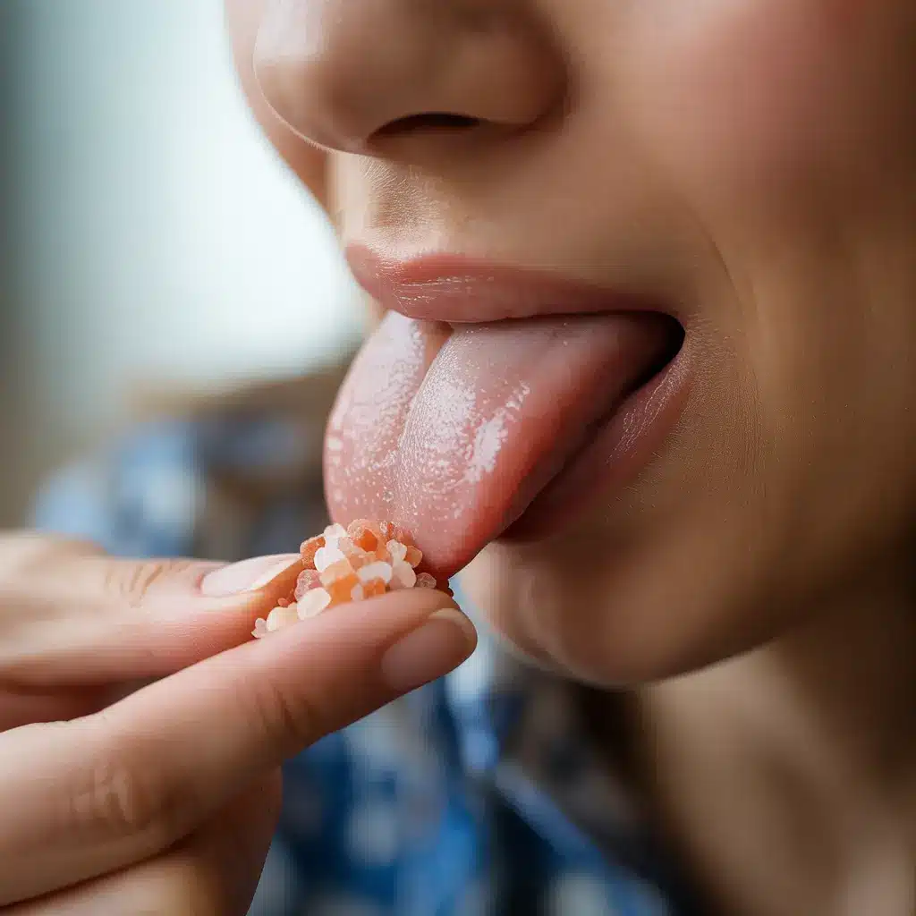 placing Himalayan salt under tongue for pink salt trick