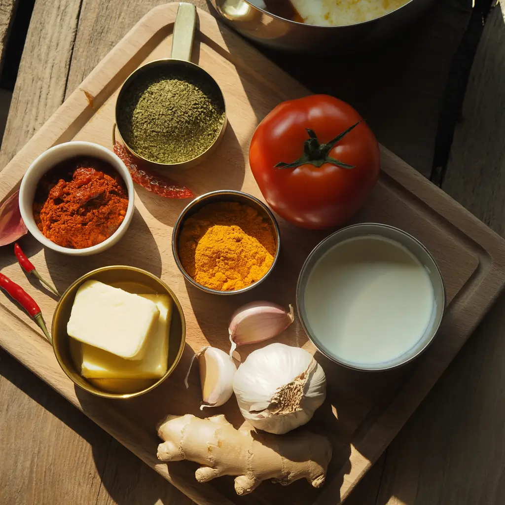 Slow cooker butter chicken ingredients and spices displayed